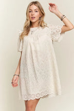 Ruffled Eyelet Round Neck Summer Dress For Women – Elegant Feminine Eyelet Dress with Ruffled Details for Garden Parties & Special Occasions Stevvex