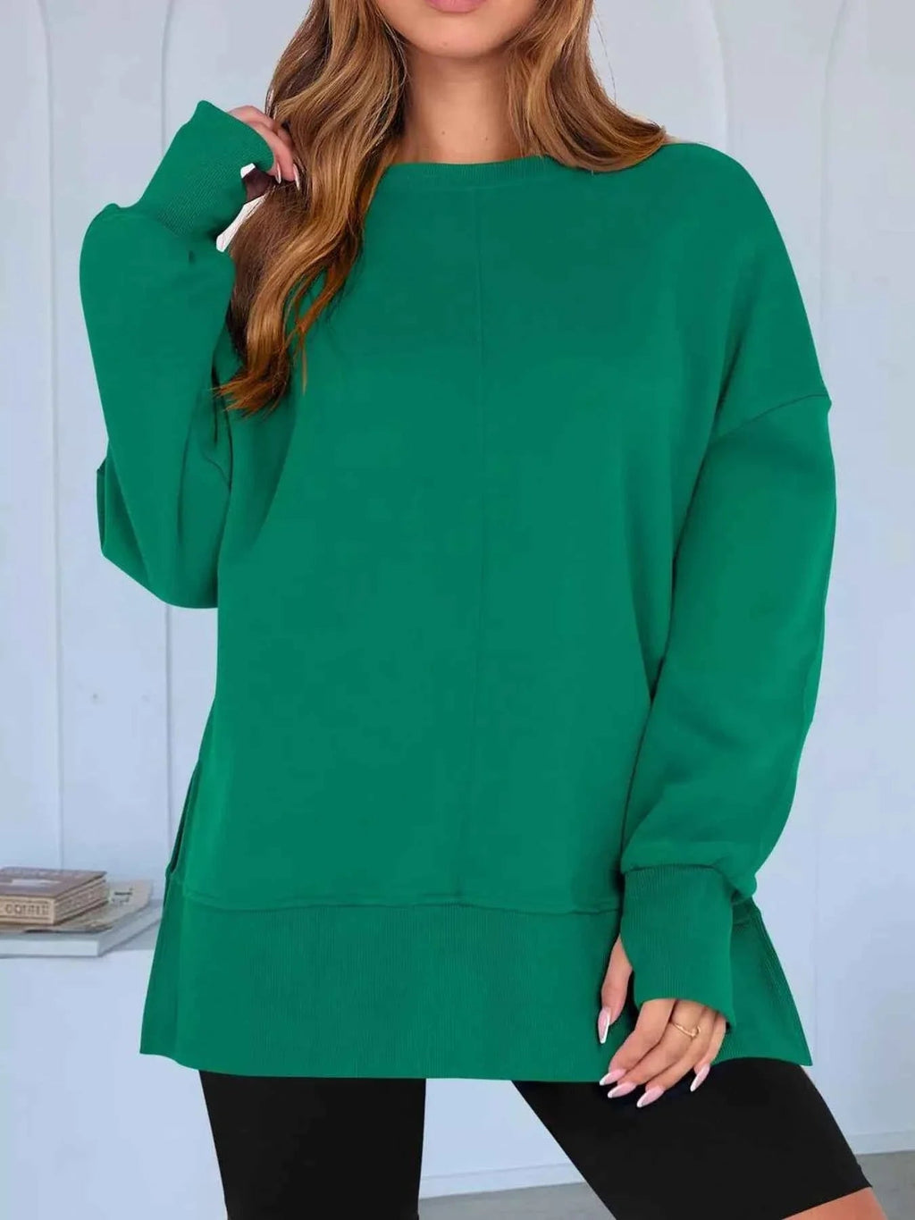 Side Slit Round Neck Long Sleeve Sweatshirt THRIXINE
