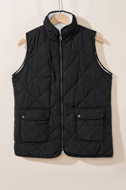 Solid Fleece Lined Quilted Vest Coat THRIXINE