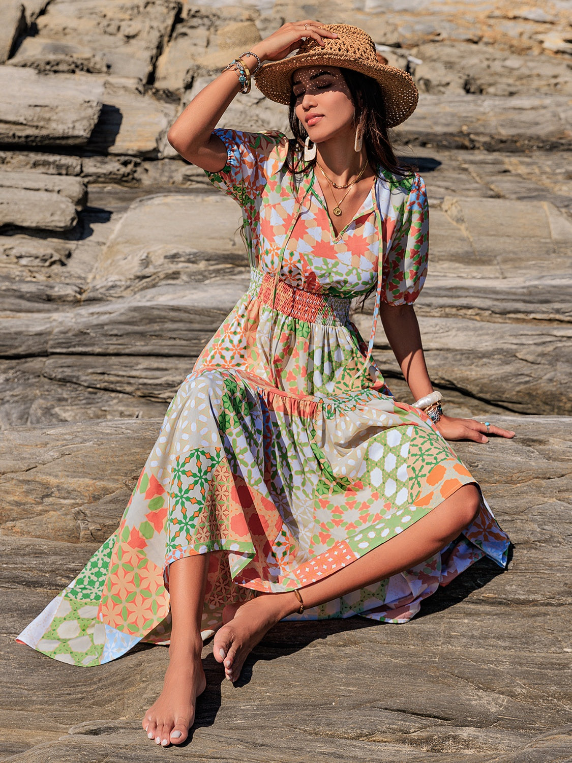 Printed Smocked Waist Short Sleeve Maxi Dress Elegant & Flowy Boho Style Dresses For Women