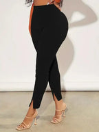 Ladies' Solid Color Ankle Slit Slim Fit Pants