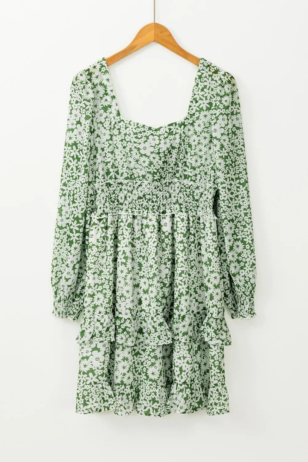 Elegant Ruffle Hem Floral Mini Dress Square Neck Long Sleeve Romantic Dress