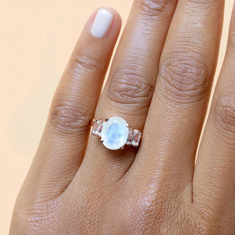 S925 Sterling Silver Oval Moonstone Ring Jewelry Pi-Mart