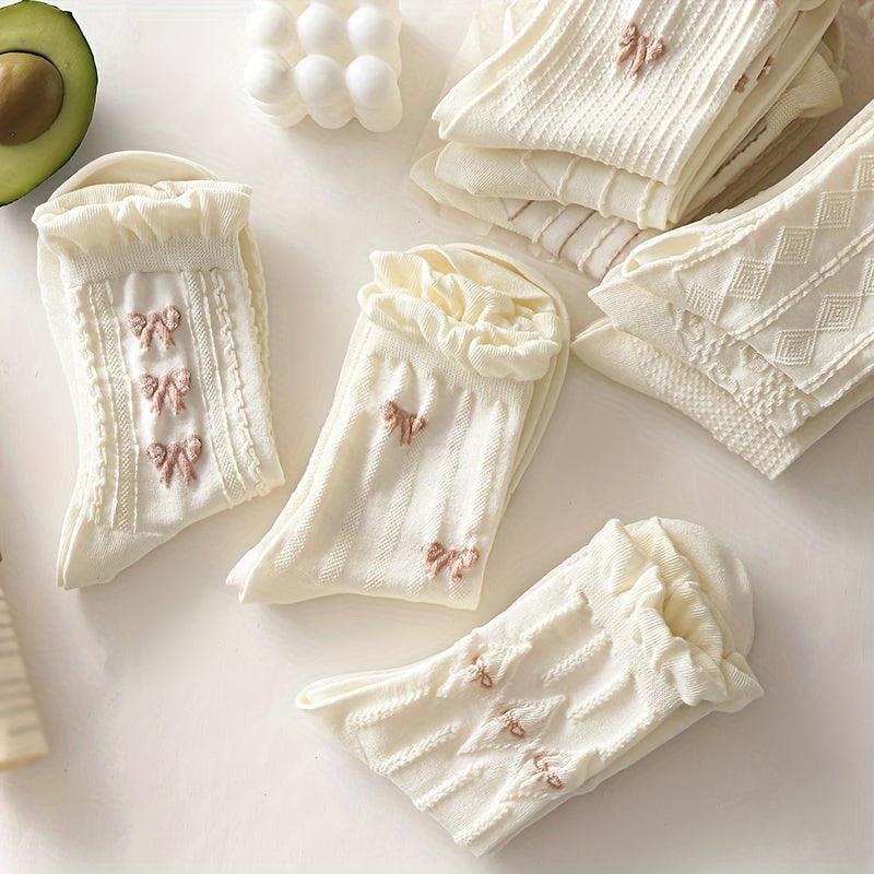 9 Pairs Floral & Bow Print Socks, Sweet & Cute Ruffle Socks, Women's Stockings & Hosiery Lootquake LLC