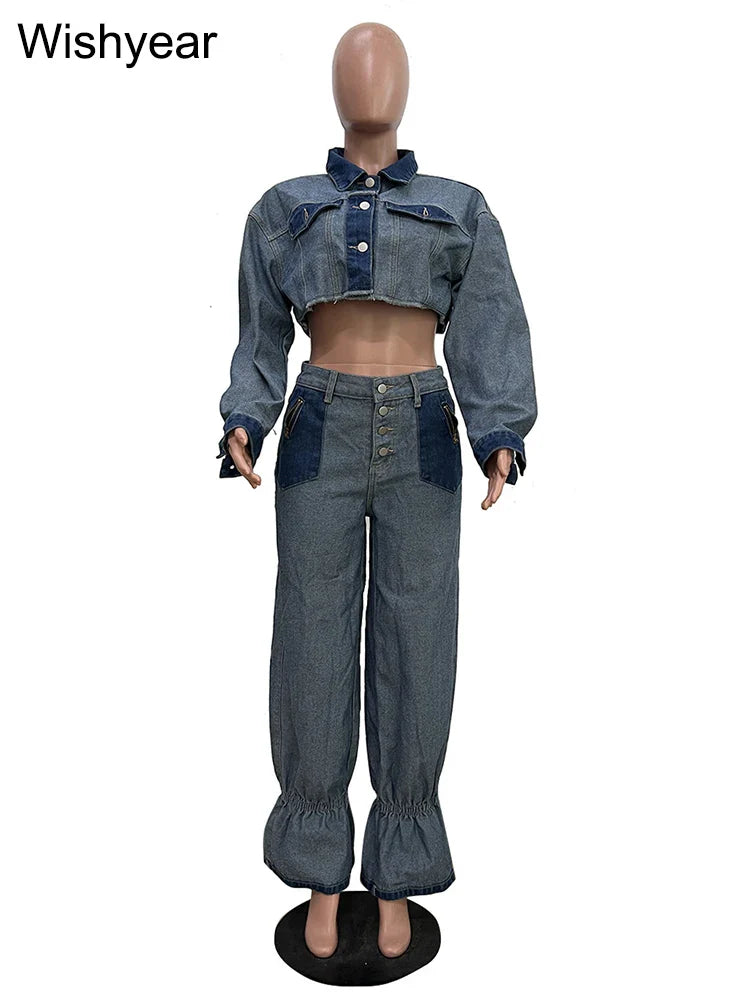 Streetwear Blue Patchwork Denim Two 2 Piece Pants Set Women Sales Long Sleeve Crop Tops and Flare Jeans Loose Matching Outfits Purplish Diva