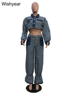 Streetwear Blue Patchwork Denim Two 2 Piece Pants Set Women Sales Long Sleeve Crop Tops and Flare Jeans Loose Matching Outfits Purplish Diva