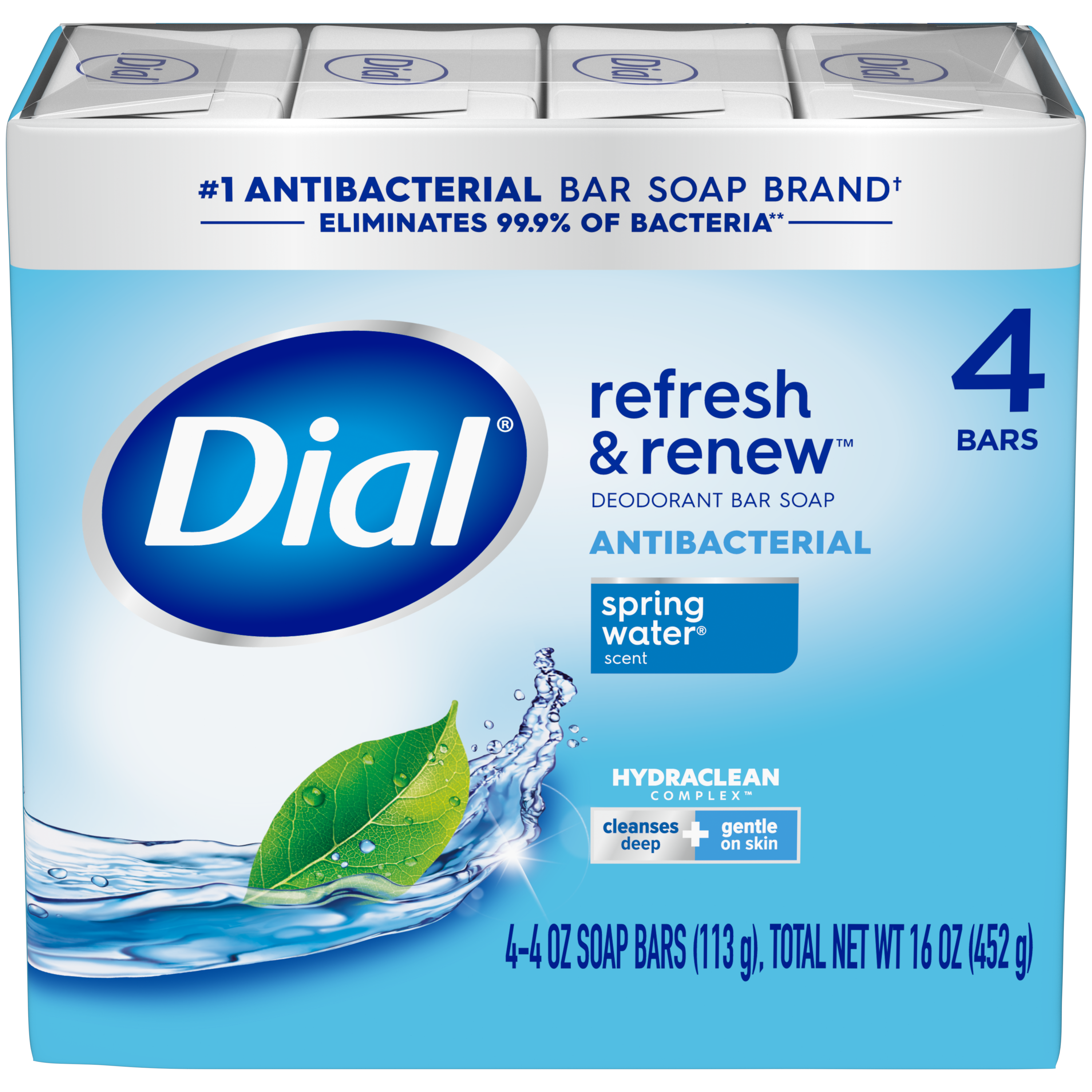 Dial Antibacterial Bar Soap, Refresh & Renew, Spring Water, 4 oz, 4 Bars