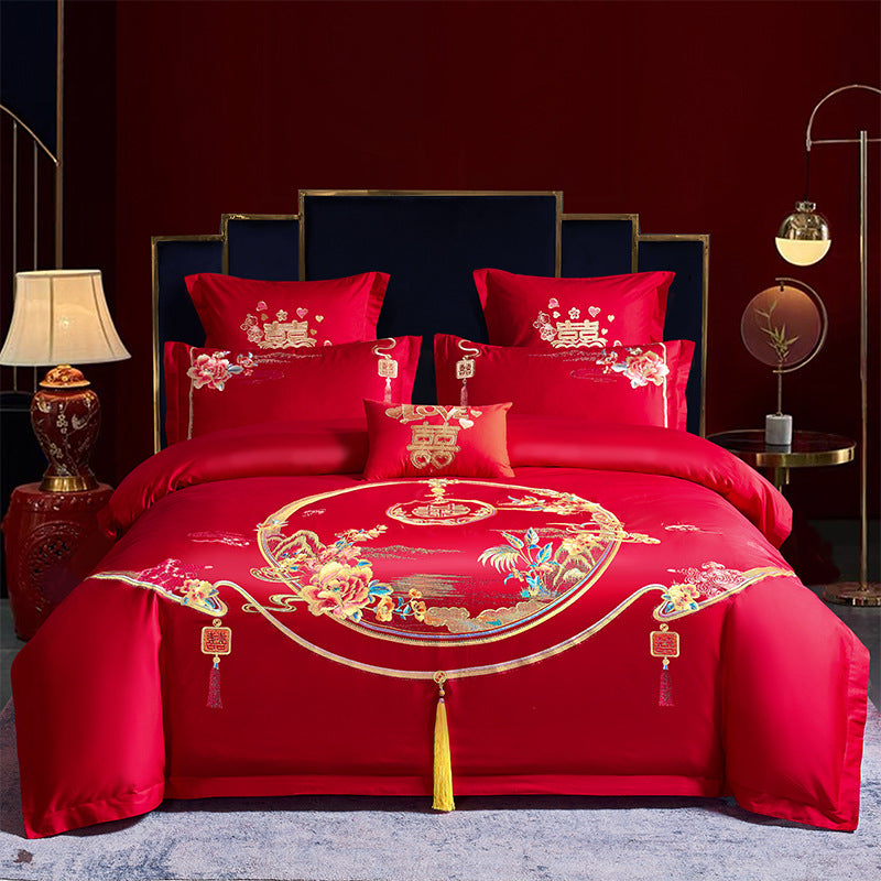Red Wedding Four-piece Set Wholesale Cotton Wedding Embroidery Bedding Pure Cotton Marriage Bed Xi Quilt Cover Dragon And Phoenix Pi-Mart