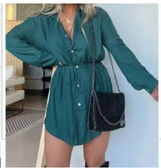 Women's Long Sleeve Jumpsuit With Button Fashion Shirt Dress Pi-Mart