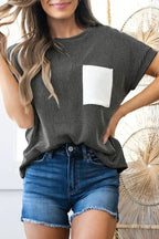 Pink Corded Colorblock Pocket Crew Neck T Shirt