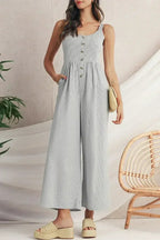 Black Stripe Half Buttoned Sleeveless Wide Leg Jumpsuit