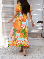 Elegant Printed V-Neck Short Sleeve Maxi Dress Beautiful Casual Women Long Dress