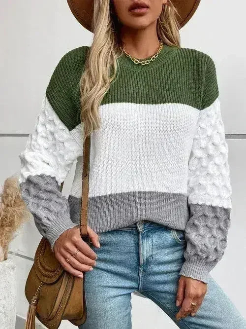 Color Block Round Neck Long Sleeve Sweater - SJB-DIAMOND ELITES
