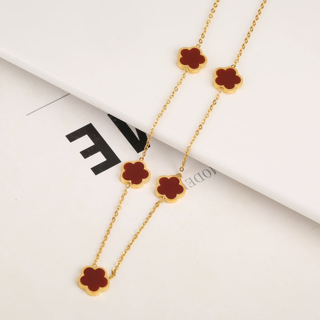 New Stainless Steel Plant Fritillary Five Leaf Petals Earring Bracelet Necklace Jewelry Set Women Cross-border Hot Selling Lot Pi-Mart