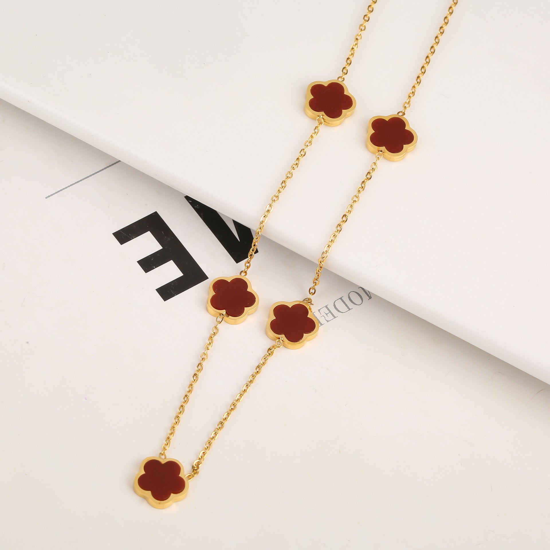New Stainless Steel Plant Fritillary Five Leaf Petals Earring Bracelet Necklace Jewelry Set Women Cross-border Hot Selling Lot Pi-Mart