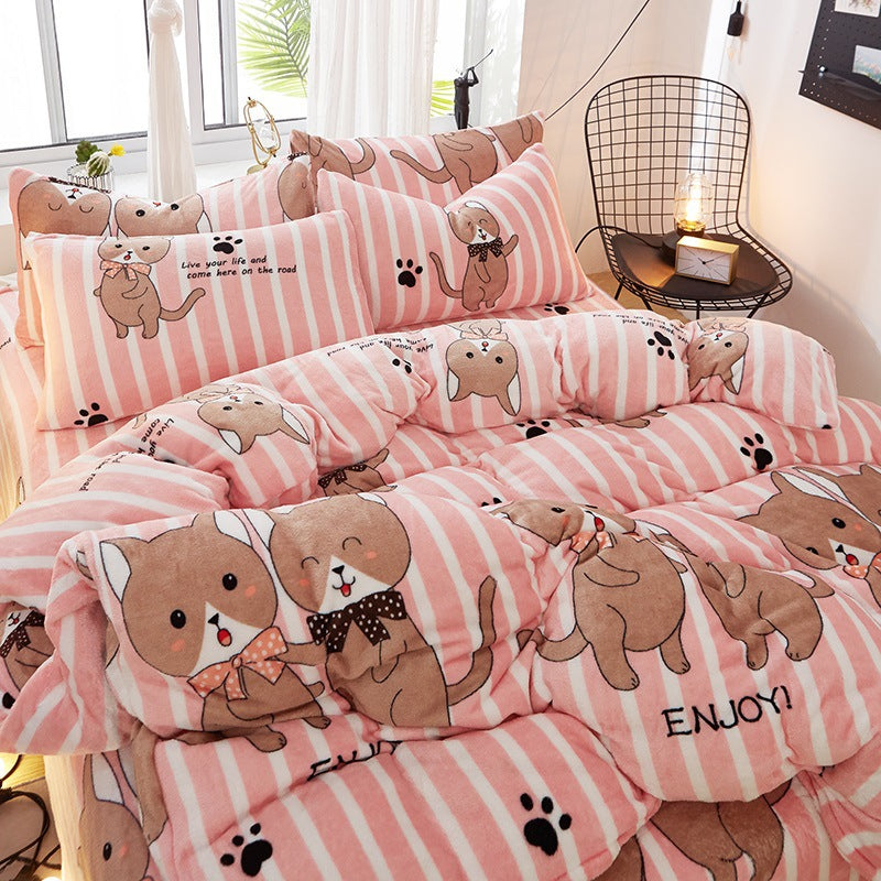 Flannel Bed Sheet Cover, Quilt Cover, Pillowcase And Bedding Set Of 4 Pi-Mart