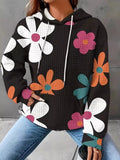 Floral Print Textured Drawstring Hoodie THRIXINE