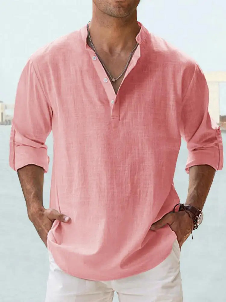 Men's Linen Stand-up Collar Long Sleeve T-shirt Loose Undershirt