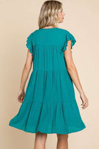 Ruffle Cap Sleeve Tiered Dress For Women – Ruffle Cap Sleeve Dress, Tiered Ruffle Dress, Feminine Tiered Dress, Stylish Cap Sleeve Dress, Playful Tiered Dress, Trendy Tiered Dress