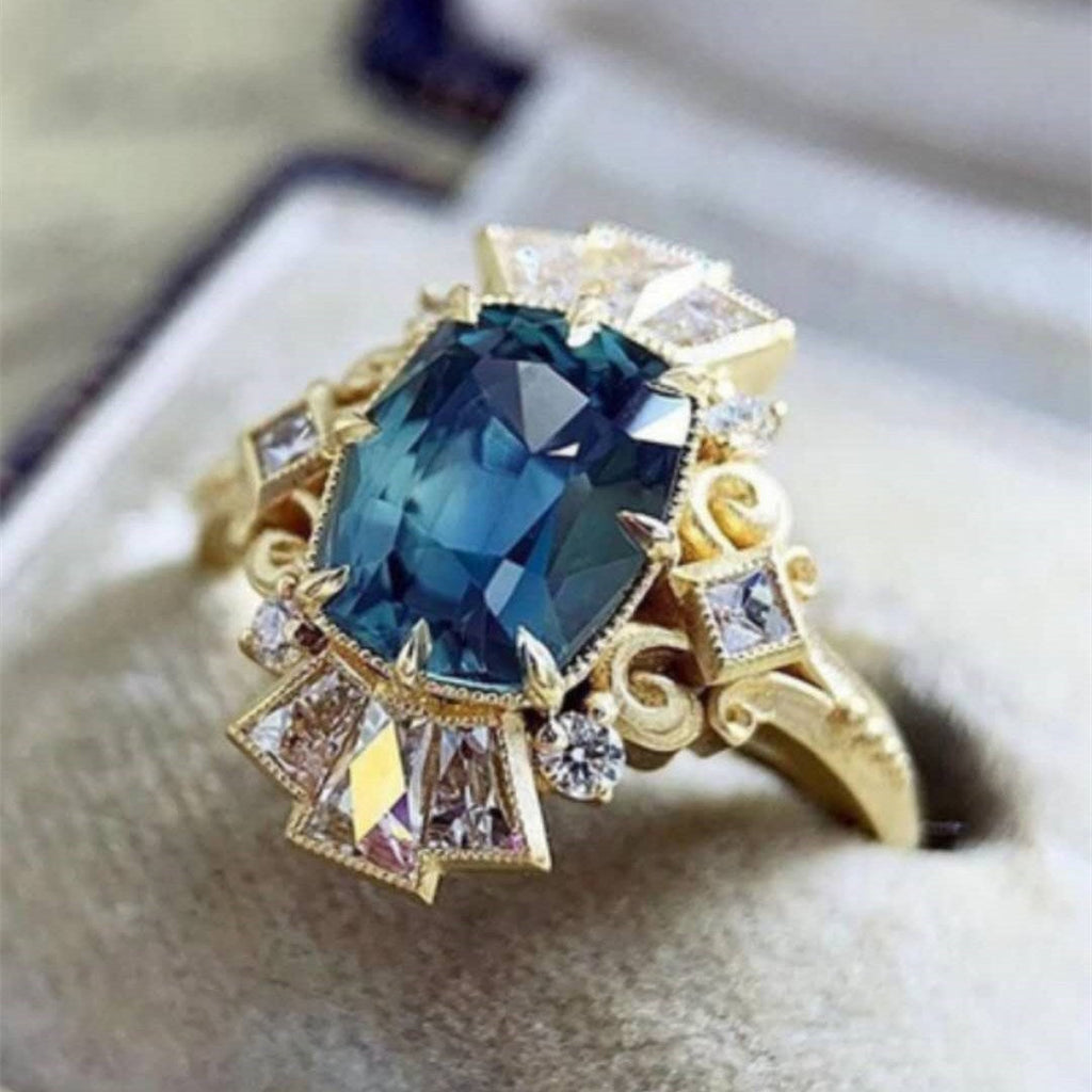 European Style Navy Blue Zirconium Pattern Crown Ring Pi-Mart