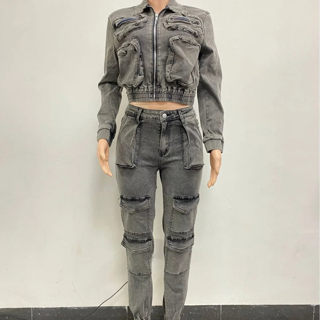 Pant Sets Long Sleeve Women Tracksuit Zipper Denim Coat Cargo Ankle Length Pants Pockets High Street Spliced Slim 2024 Purplish Diva