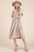New Floral Embroidered Smocked Puff Sleeve Tiered Midi Dress For Women Elegant,Charming and Feminine Floral Embroidered Midi Dress with Puff Sleeves and Tiered Design