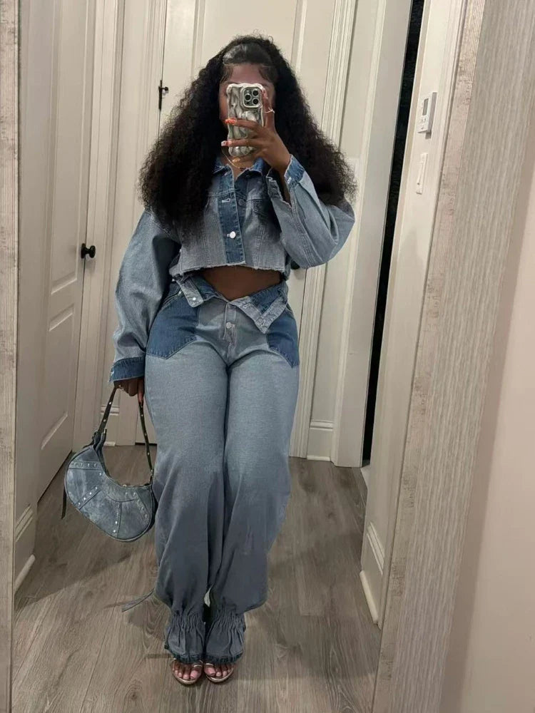 Denim Pant Set Women Two Piece Sets Turn Down Collar Mom Jeans Loose Casual Tops Wide Leg Long Pants High Waist Y2k Streetwear Purplish Diva