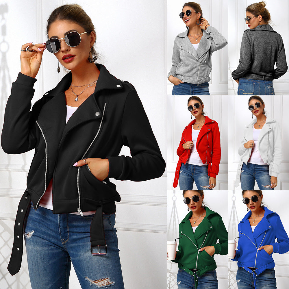 Women's Jacket Oblique Zipper Motorcycle Clothing Hoodie Pi-Mart