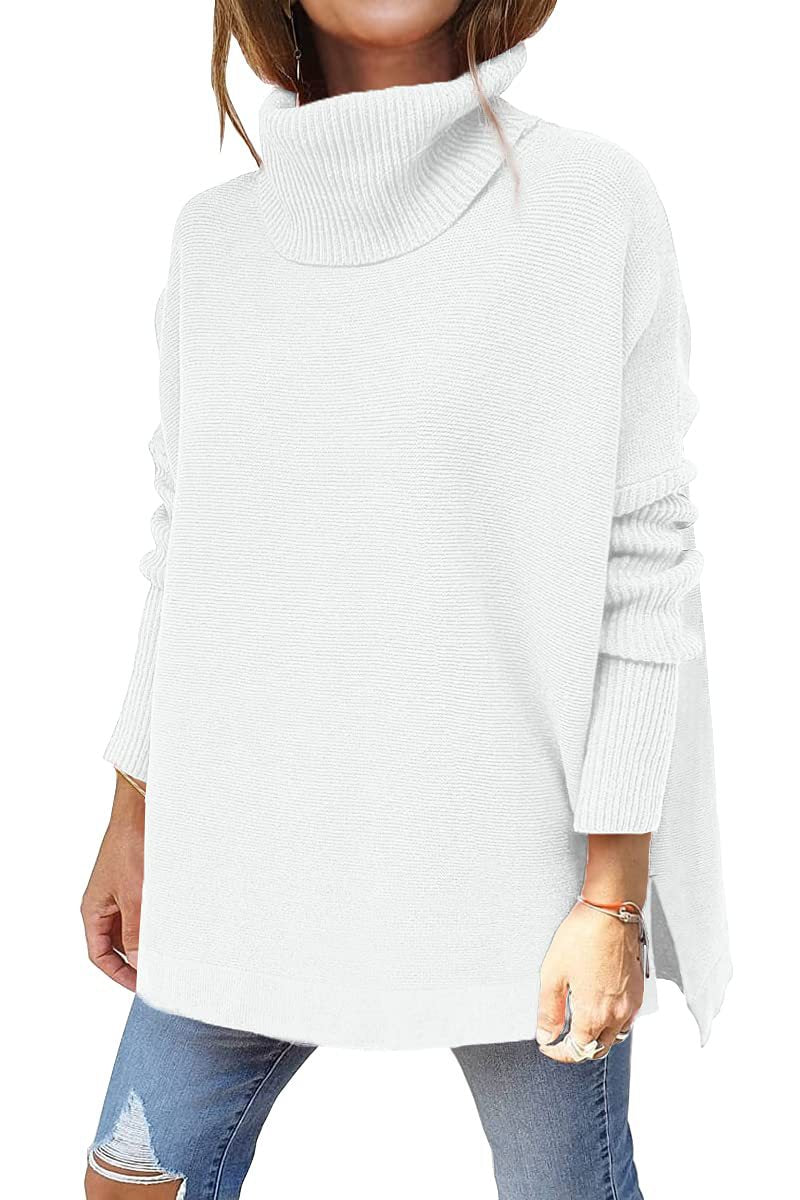 Turtleneck Sweater Mid Length Batwing Sleeve Slit Hem Tunic Pullover Sweaters Winter Tops Women Clothing Pi-Mart