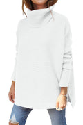 Turtleneck Sweater Mid Length Batwing Sleeve Slit Hem Tunic Pullover Sweaters Winter Tops Women Clothing Pi-Mart