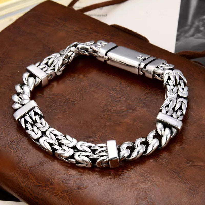S925 Sterling Silver Trendy Men's Personalized Bracelet New Chinese Style Double Woven Safety Pattern Handmade Chain Pi-Mart