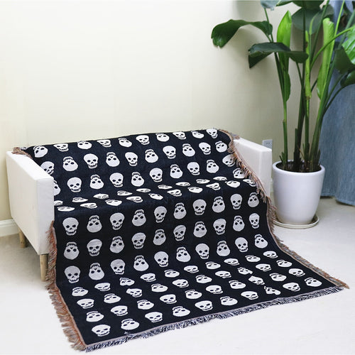 1pc Bohemian Knitted Halloween White Skull Printed Tassel Blanket, Suitable For Leisure Picnic Outdoor Camping Lootquake LLC