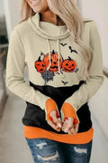 Cowl Neck Pumpkin Print Color Block Halloween Sweatshirt - SJB-DIAMOND ELITES