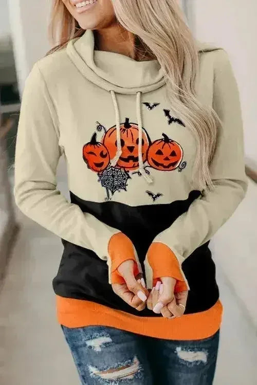 Cowl Neck Pumpkin Print Color Block Halloween Sweatshirt - SJB-DIAMOND ELITES