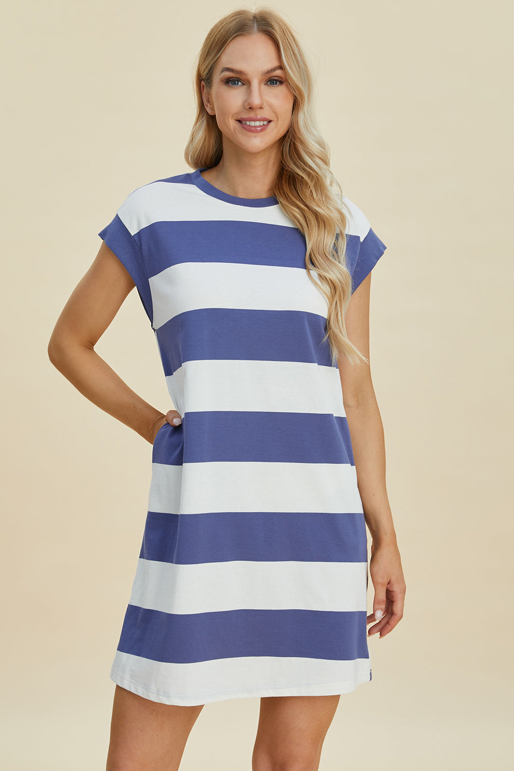 Full Size Striped Round Neck Cap Sleeve Mini Dress For Women – Striped Mini Dress, Full-Size Round Neck Dress, Comfortable Cap Sleeve Dress, Chic Striped Dress, Flattering Mini Dress, Casual Everyday Dress, Versatile Striped Dress Stevvex