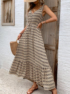 Vintage Printed V-Neck Tie Waist Midi Dress Lightweight Trendy & Elegant Dress for Women Stevvex
