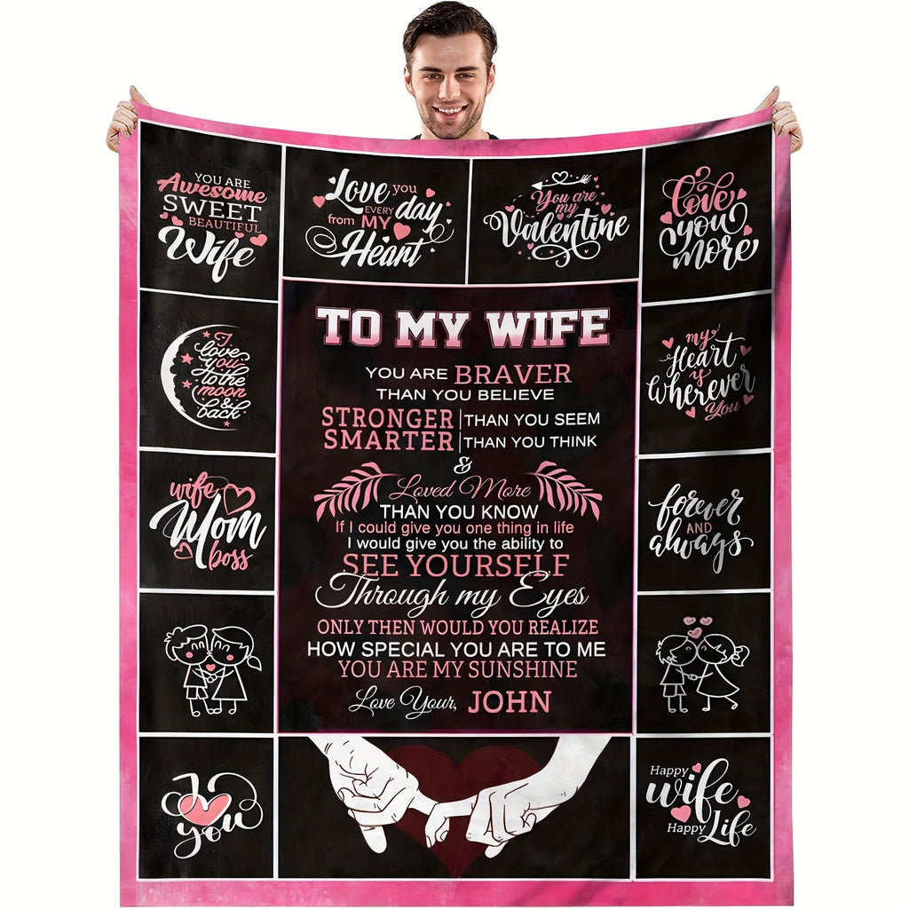 Personalized Romantic Love Message Flannel Throw Blanket for Wife - Soft, Cozy, All-Season Lodge Style with Knitted Polyester, Digital Print Character Theme, Special Feature Love Statements, 200-250g Lootquake LLC