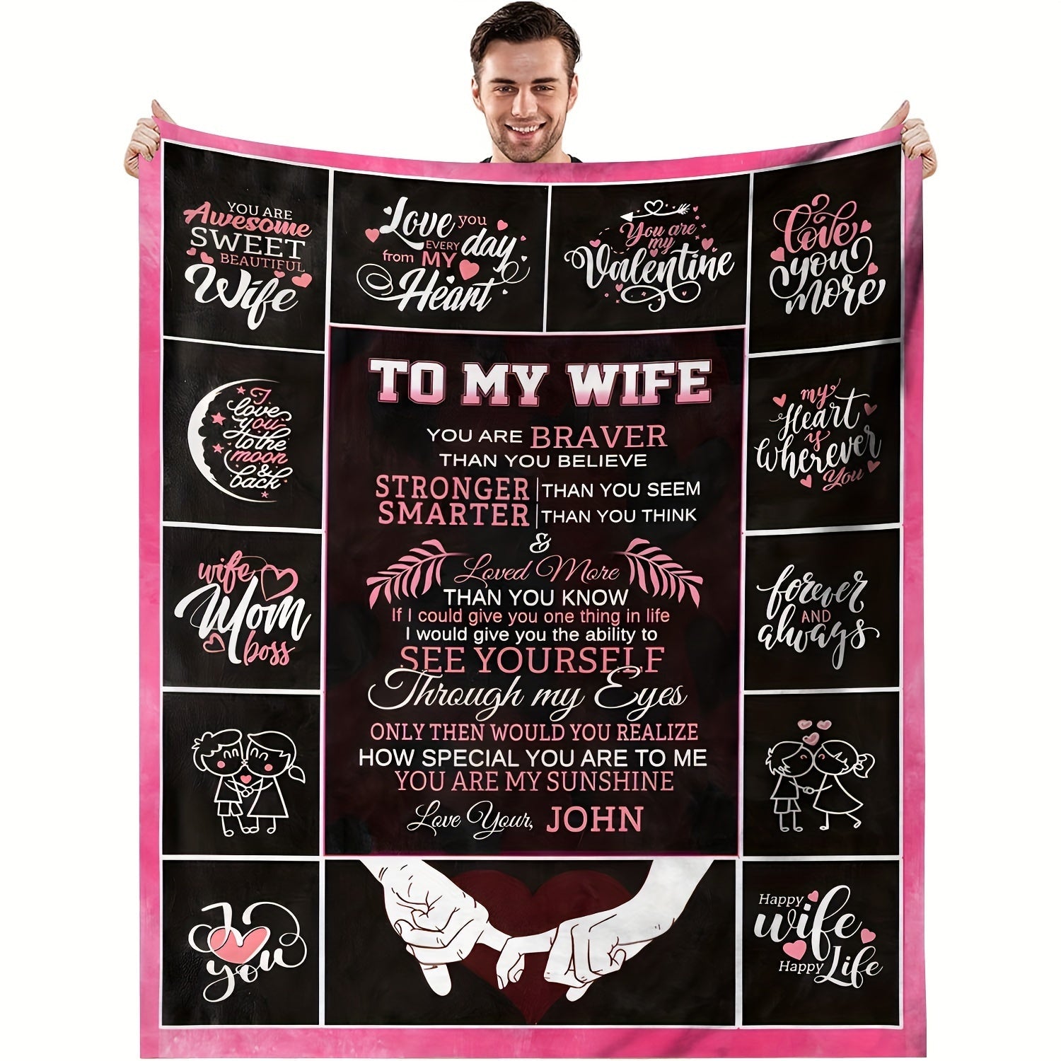 Personalized Romantic Love Message Flannel Throw Blanket for Wife - Soft, Cozy, All-Season Lodge Style with Knitted Polyester, Digital Print Character Theme, Special Feature Love Statements, 200-250g Lootquake LLC