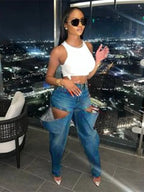 Hollow Elastic Women Demin Jeans High Waist Pockets Causal Vintage Bottoms Female Fashion Y2K Streetwear Clothing Purplish Diva