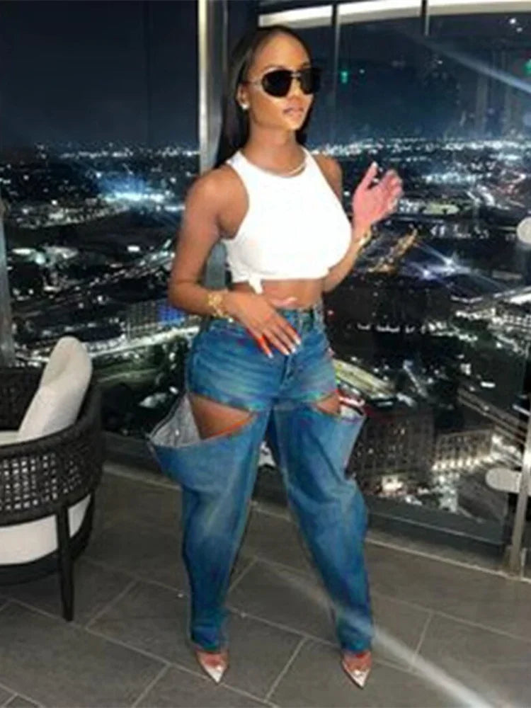 Hollow Elastic Women Demin Jeans High Waist Pockets Causal Vintage Bottoms Female Fashion Y2K Streetwear Clothing Purplish Diva