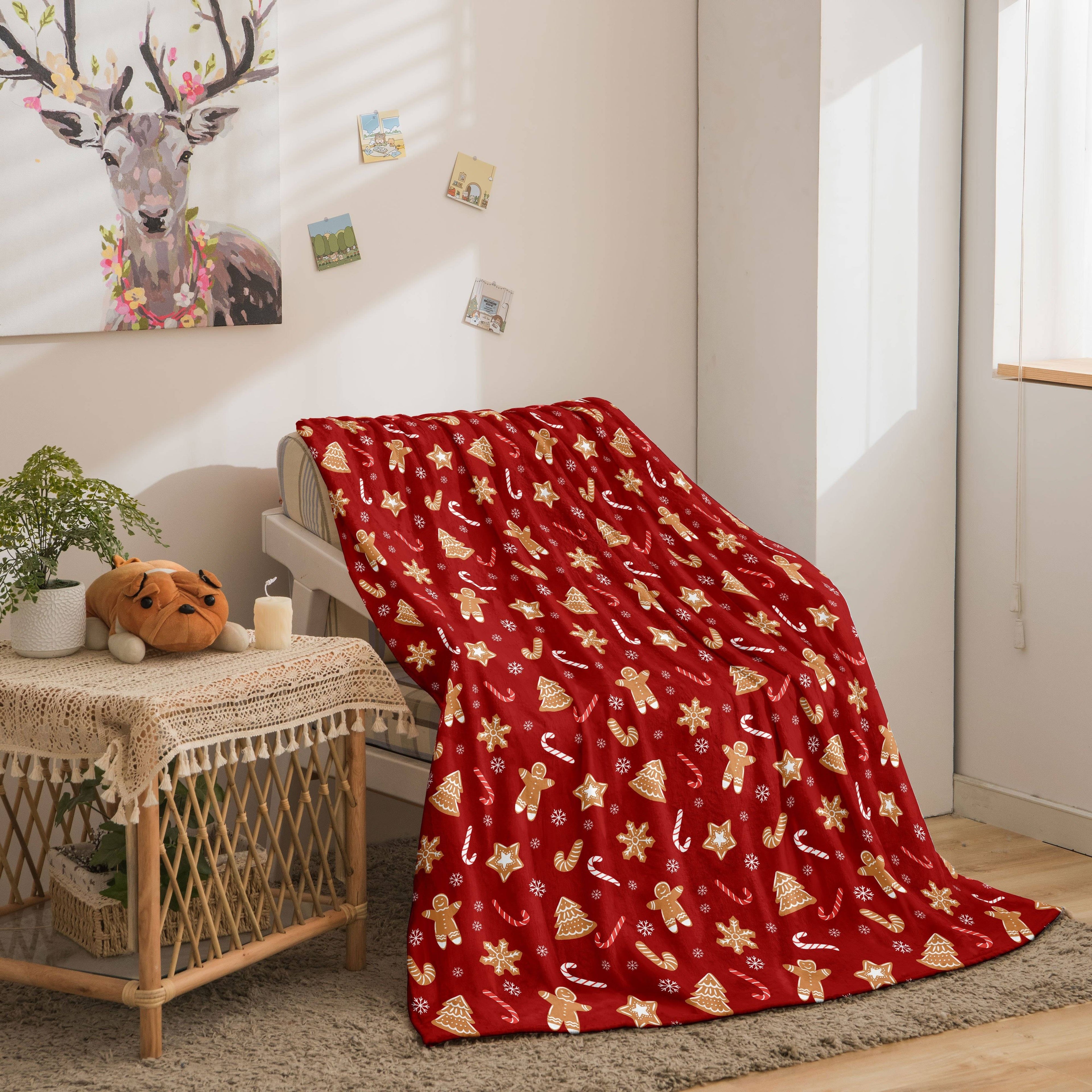 1pc Christmas Theme Blanket, Red Gingerbread Man Christmas Tree Blanket, Soft Warm Throw Blanket Nap Blanket For Couch Sofa Office Bed Camping Travel, Multi-purpose Gift Blanket For All Season Lootquake LLC