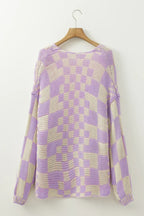 Taupe Colorblock Checked Open Front Knitted Cardigan