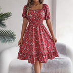 Floral Print Square Collar Dress Summer Fashion Ruffles Dresses Women's Clothing Pi-Mart