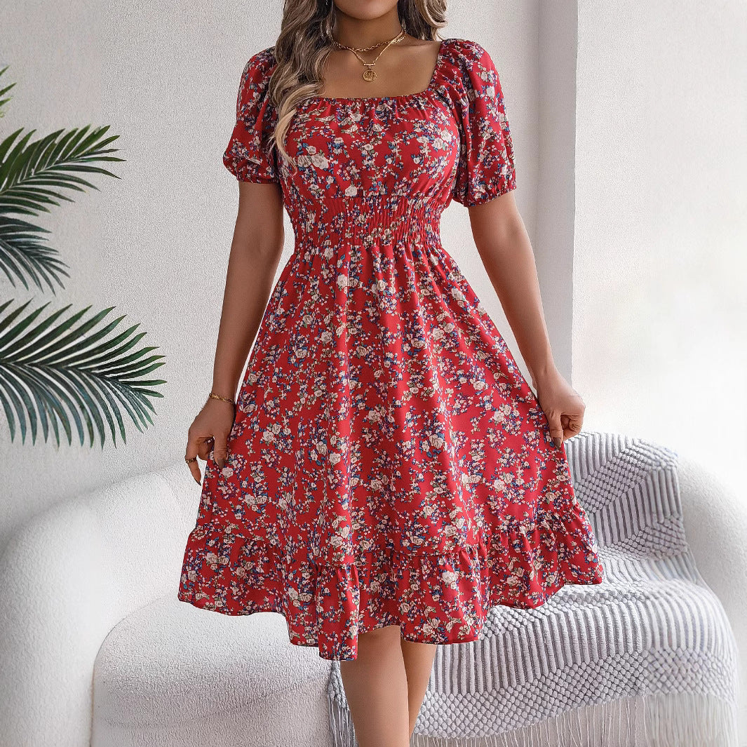 Floral Print Square Collar Dress Summer Fashion Ruffles Dresses Women's Clothing Pi-Mart