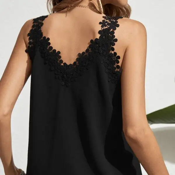Women's Solid Color Loose And Versatile Casual Lace Trimmed V-neck Camisole Vest - SJB-DIAMOND ELITES
