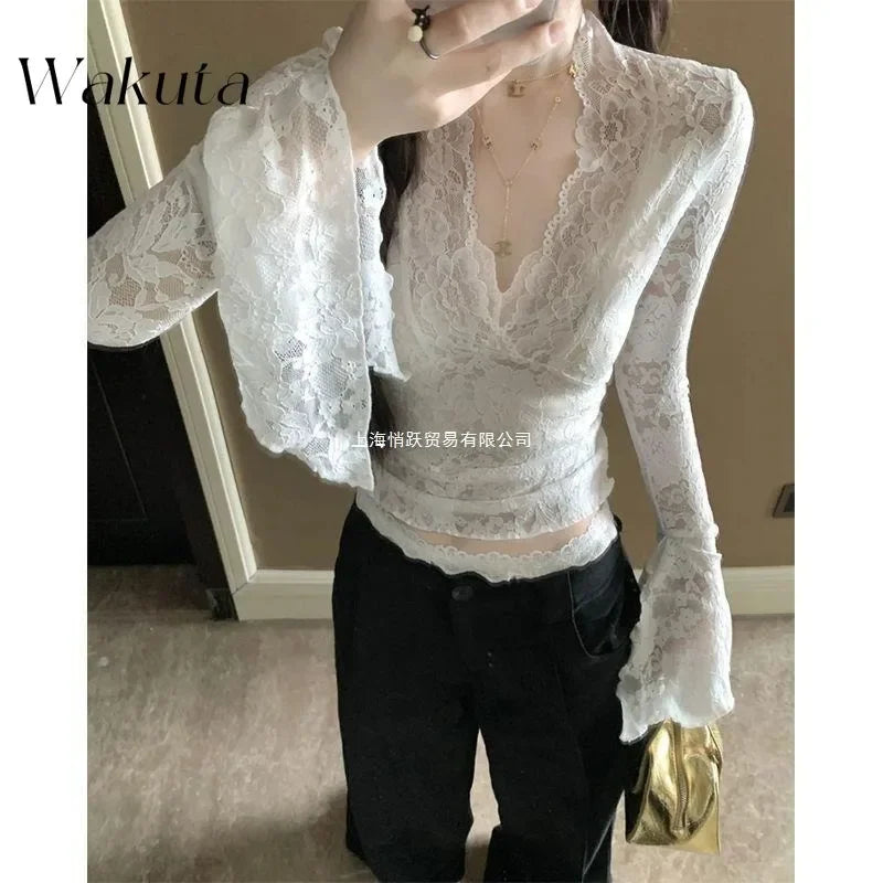 WAKUTA Sexy Lace Shirt V-neck Long-sleeved Outwear Tops Fall Short Tight Design Pure Desire Hottie Inner Pullovers Кофта Женская Purplish Diva
