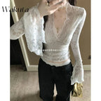 WAKUTA Sexy Lace Shirt V-neck Long-sleeved Outwear Tops Fall Short Tight Design Pure Desire Hottie Inner Pullovers Кофта Женская Purplish Diva