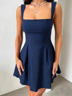 Dark Blue Bow Back Square Neck Mini Dress Luxury Feminine & Flattering Dress For Girls Stevvex