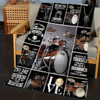 1pc Drum Set Themed Fleece Blanket, Musical Passion Gift, Soft Cozy Music Lover Throw, Bedroom & Living Room Decor, Drummer Inspirational Quotes, Black & White