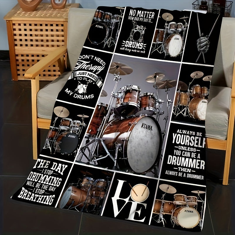 1pc Drum Set Themed Fleece Blanket, Musical Passion Gift, Soft Cozy Music Lover Throw, Bedroom & Living Room Decor, Drummer Inspirational Quotes, Black & White